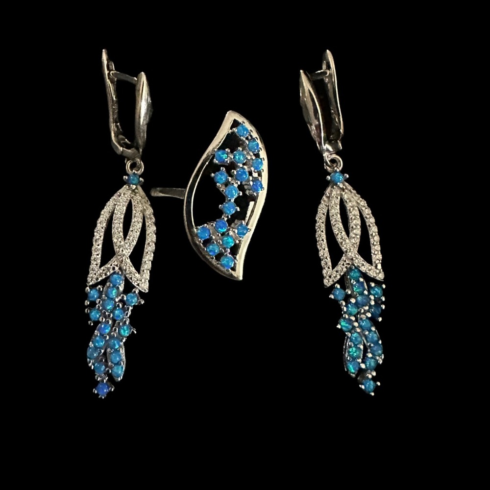 Genuine Blue Opal cluster ring Size 6.75 & Opal and diamond earrings 1.75” 925